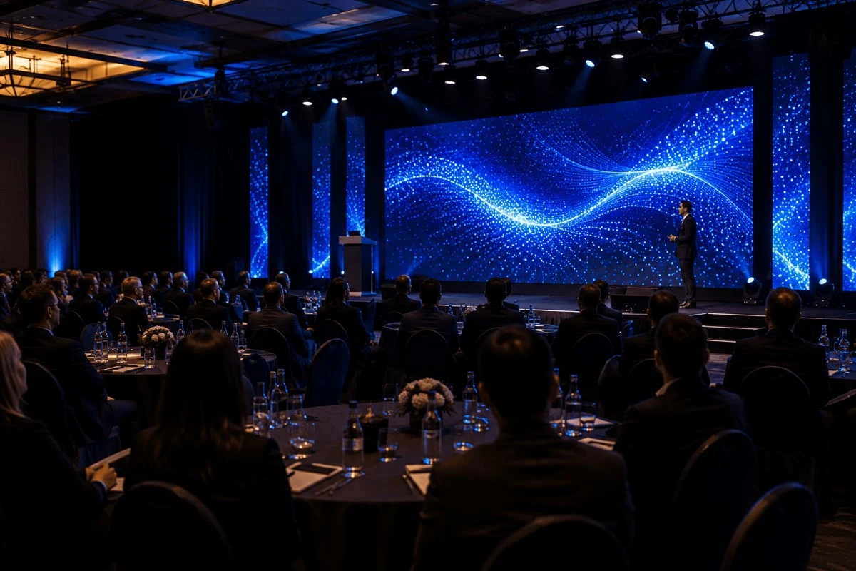 Corporate conference audience facing a panoramic LED presentation wall